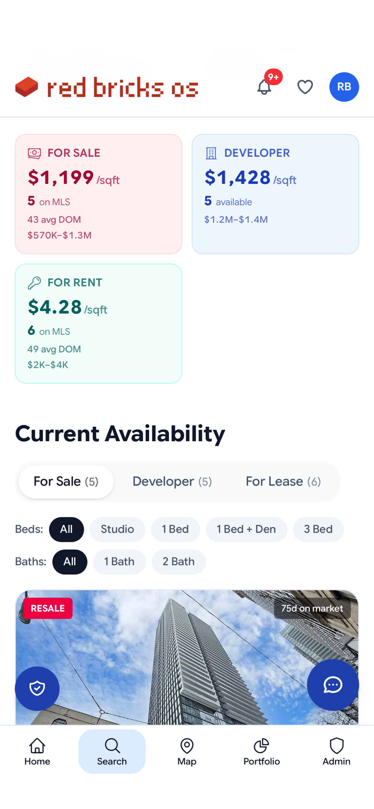 rbOS building summary on mobile — For Sale $1,199/sqft (5 on MLS), Developer $1,428/sqft (5 available), For Rent $4.28/sqft (6 on MLS)